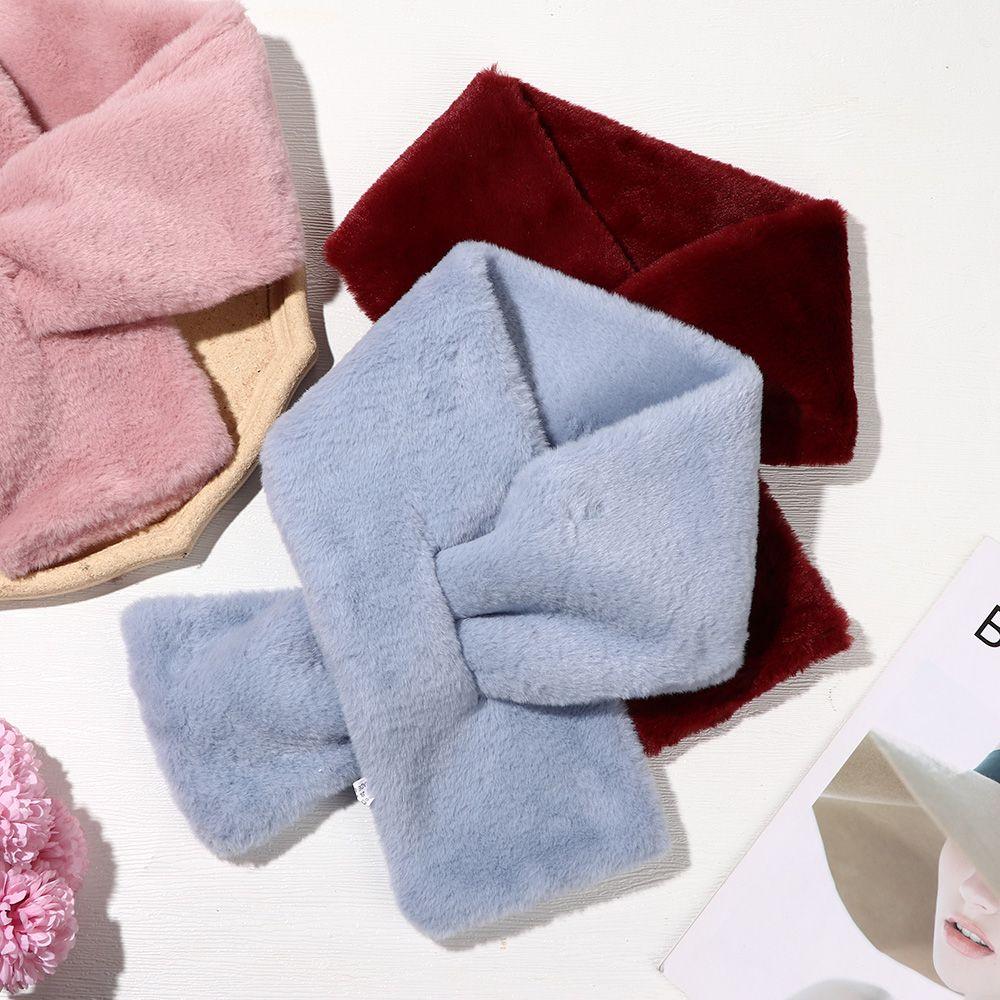 Elegant Winter Warm Faux Rabbit Fur Plush Neckerchief Wrap Neck Warmer Solid Color Cross Scarf