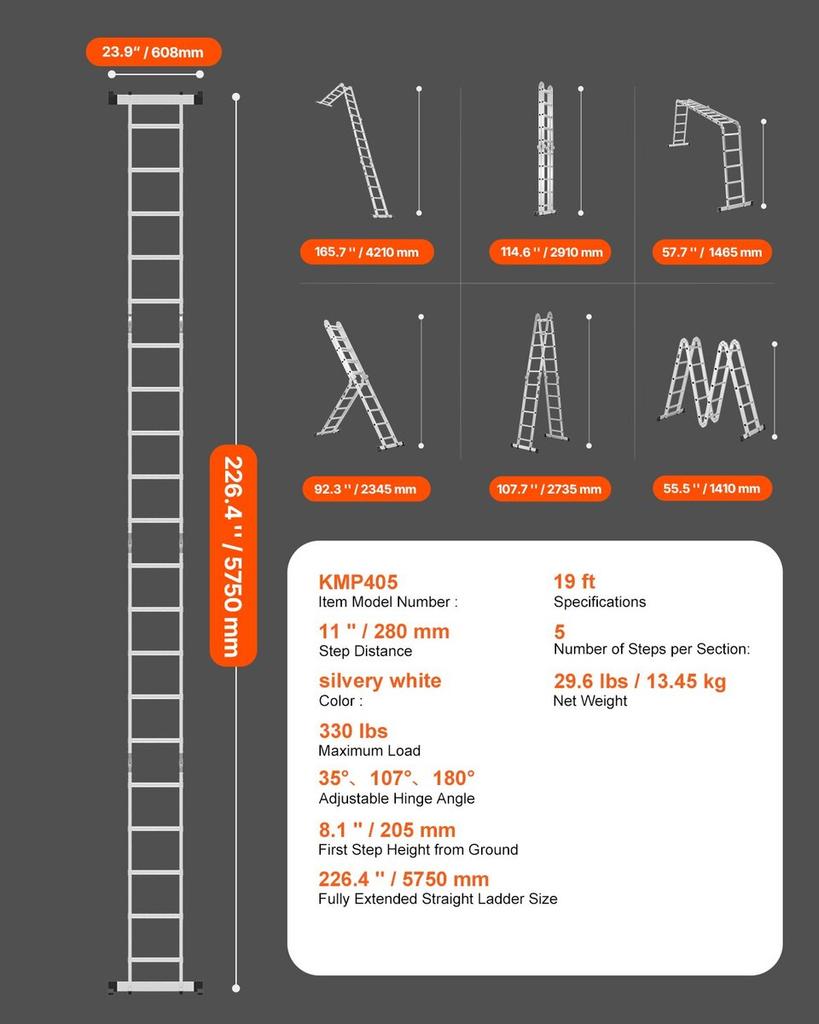 Multi-Purpose Folding Ladder 7-in-1 5 Step 19ft Reach Height Metal