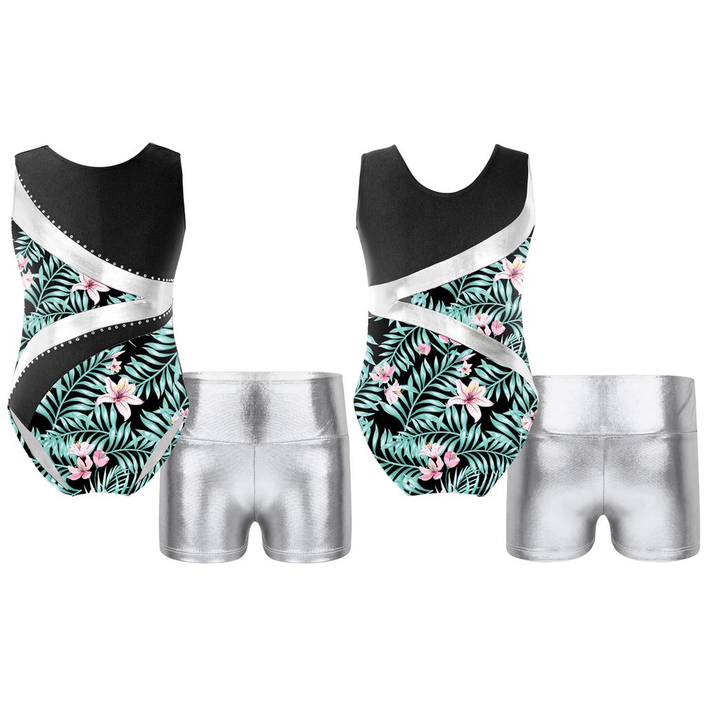 Детские гимнастические купальники без рукавов с круглым вырезом для девочек и шорты, наряды для спортивных танцев, велосипедки