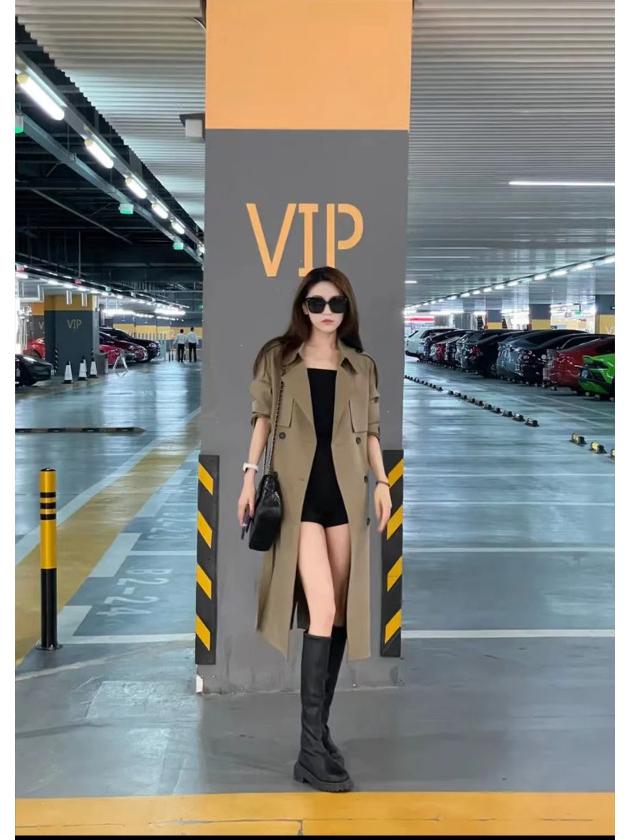 Женский французский тренч 2025 года на весну/осень: Британский стиль, Двубортный, Длина ниже колена, Средней длины, Свободный крой