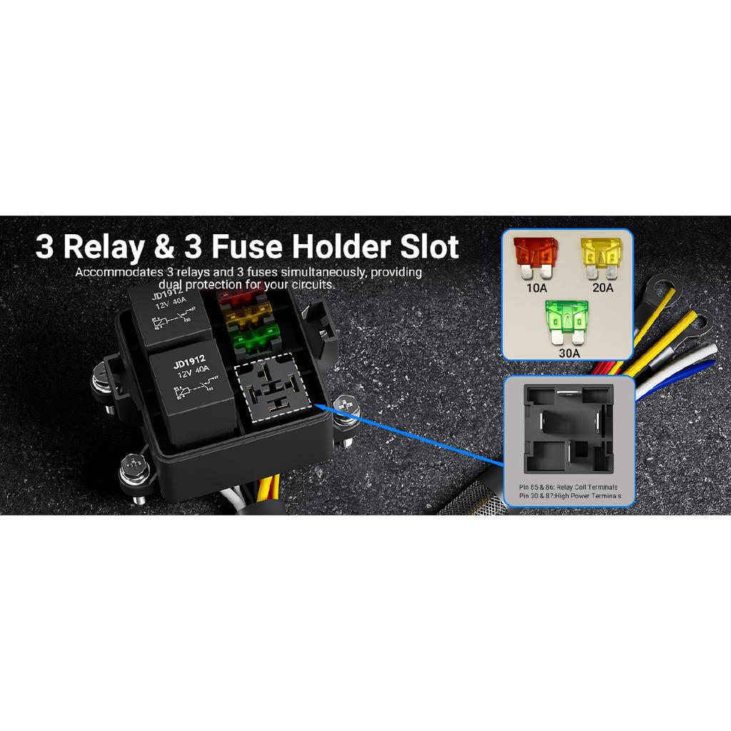 3 Way 12V Waterproof Relay Box Pre-Wired Fuse and Relay Box 3x4 Pin 40A Relay and 3 ATC/ATO Blade Fuse for Automotive Cars Truck