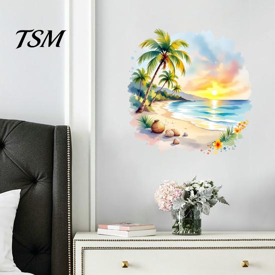 Beach Scene Wall Art for Living Room Sunset Palm Tree Seaside Decal, Watercolor Summer Landscape Sticker, Coastal Theme Decor Tropical Coconut