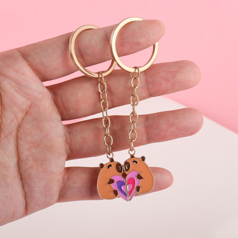 2Pcs/set Cute Kapibala Heart-shaped Stitching Best Friend Bestie Key Chain BFF Friendship Jewelry Gifts for Girls