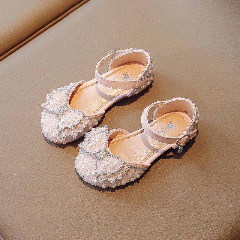 Summer Girl Rhinestone Bowtie Sandals Bling Princess Pearl Dress Shoes Children Flat with Kid Baby Dance Party Shoes Hook & Loop