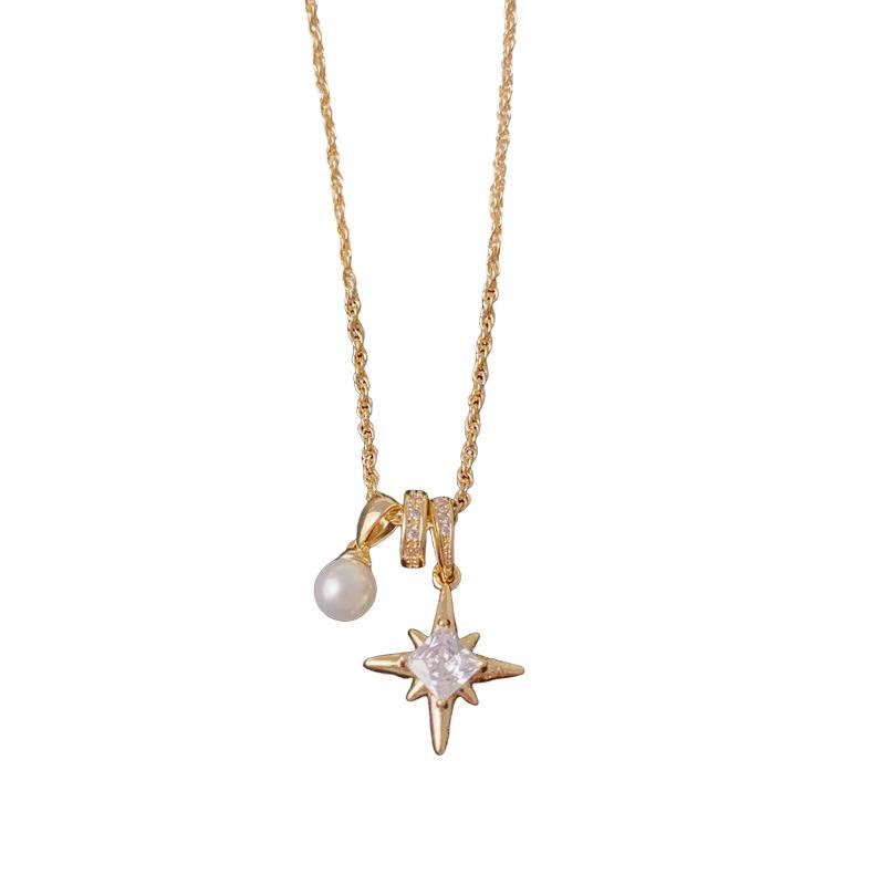 European American Cross-Border Personalized Fashion Zircon Octagonal Star Pendant Necklace Link 18K Gold Plated Stainless Gift