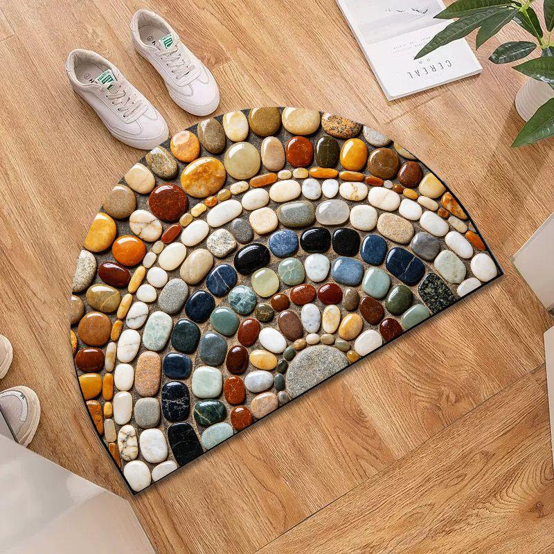 Colorful 3D Pebble Half Round Bath Mat, Non‑Slip Water Absorbent Natural Stone Bathroom Floor Rug