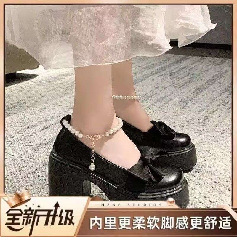 Mary Jane Shoes Women's Spring 2025 New Fashion High Heel Bow Platform Heel Pearl with Skirt Small Leather Shoes