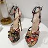 New Fashion Design Flower Print Platform Sandals Women Hollow Out Bowknot Open Toe Super High Heels Pole Dance Shoes