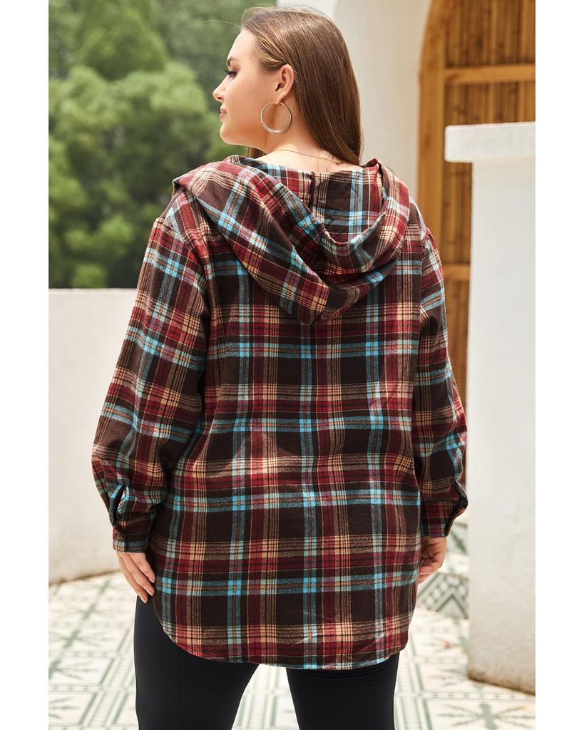 Azura Exchange Red Plus Size Plaid Kangaroo Pocket Drawstring Hoodie