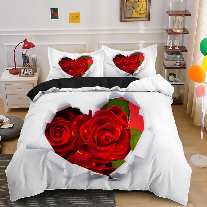 Красный пододеяльник с изображением розы, короля и королевы, ко Дню святого Валентина, свадебный комплект постельного белья с цветочным принтом для пары, 2/3 предмета, полиэстеровое одеяло с рисунком в виде сердца и цветов