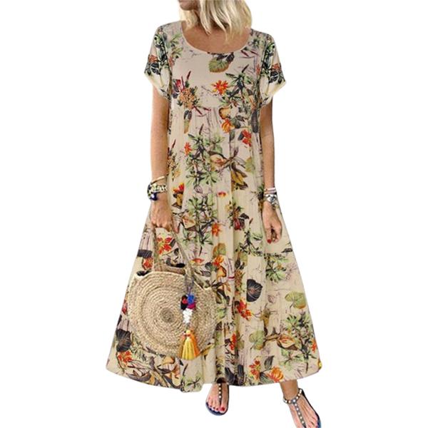 Женское летнее длинное платье с круглым вырезом и короткими рукавами, платье макси свободного кроя с цветочным принтом в стиле бохо