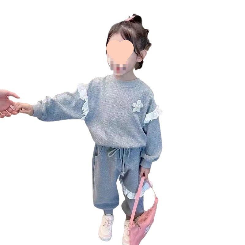 Комплект кружевного свитшота и длинных брюк для девочек - Весенне-осенний корейский стиль, модно милый и повседневный