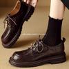 Мягкая кожа ретро круглый носок глубокий вырез одинарная обувь женская 2025 новая весна и осень британский стиль толстая подошва черные на шнуровке маленькие кожаные туфли