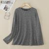 Womens Round Neck Solid Color Loose Long Sleeve T-shirts