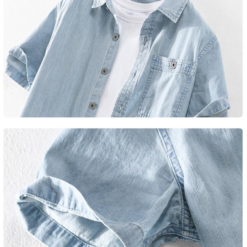 Летняя джинсовая рубашка с коротким рукавом, повседневная, в простом стиле, повседневная, джинсовая, мужская, топы, воротник с лацканами, карман, рубашка из чистого хлопка на пуговицах, молодежная, красивая