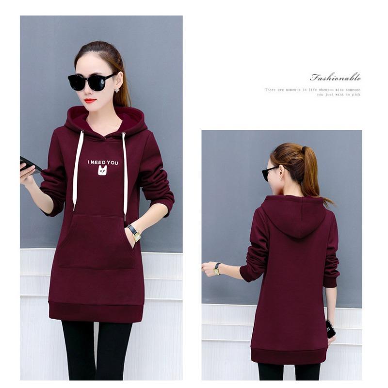 Осень и зима новый корейский стиль женский пуловер свободный большой размер студенческий с капюшоном средней длины бархатный вышитый свитшот для женщин