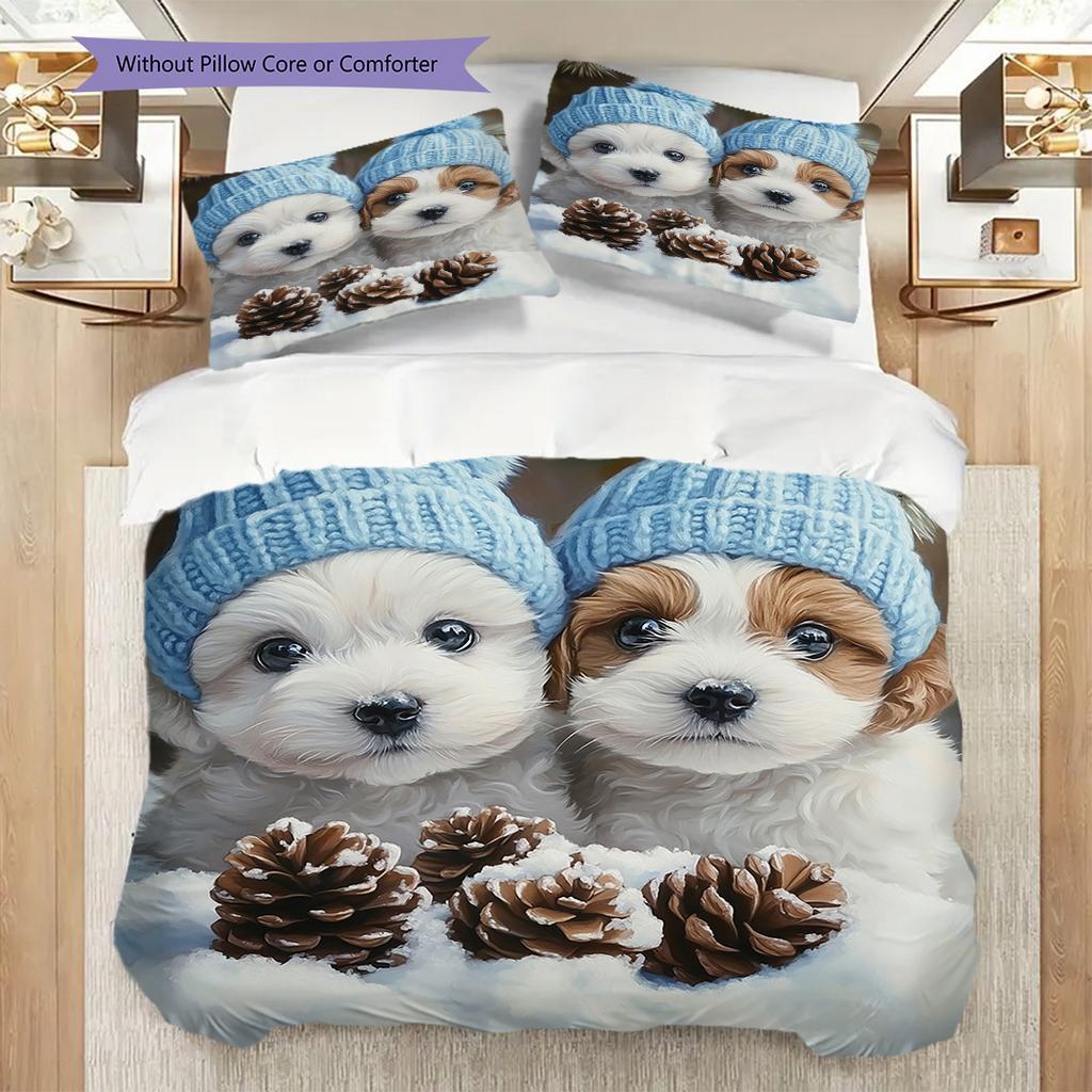 Puppy Pattern Bedding Quilt Set Quilt Cover Pillowcase Home Decoration Birthday Gift (1 * duvet cover + 2 * pillowcase, without core)