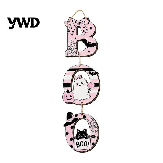 Durable Wood Hanging Sign 3Pcs Cute Halloween BOO Wooden Door Hanger, Ghost Black Cat Vertical Letter Spooky Room Decor Sign, Wall for Front