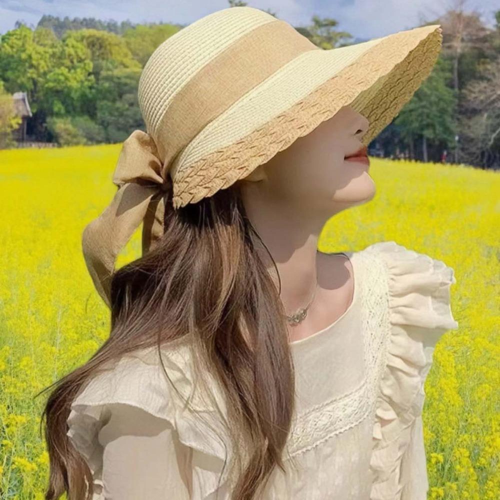 Foldable Straw Weaving Beach Hat Hollow Out Bow Fisherman Cap Folding Sun Cap Bucket Hat Seaside
