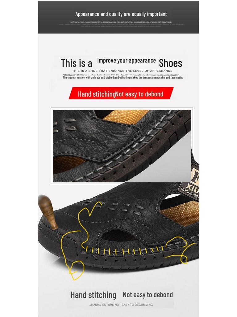 Мужские сандалии Baotou из натуральной кожи Cross-Border: Нескользящая обувь с мягкой подошвой, двойного назначения: для отдыха на природе и повседневного отдыха на пляже.