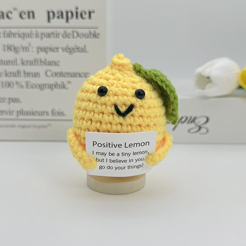 New Positive Crochet Headset Potato Doll with Card for Cheer Up Gifts and Party Decor Handmade Knitted Pencil Doll Desk Ornament