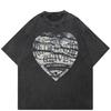 Streetwear Heart Pattern T-Shirt Cotton Washed Black Tshirt Unisex Tops Tees Summer Short Sleeves T Shirt