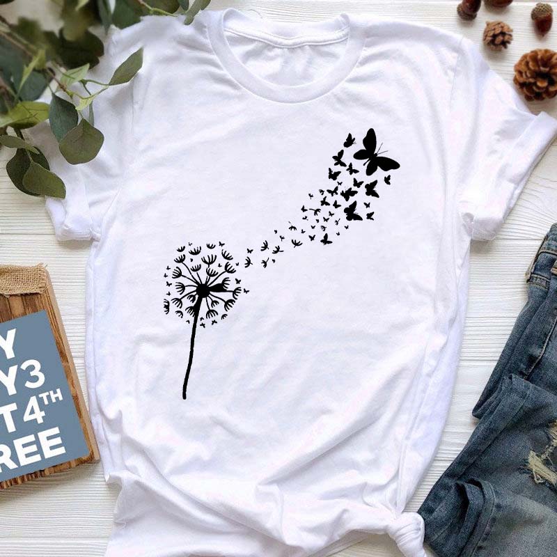 Летняя женская футболка с принтом одуванчика, свободные женские рубашки больших размеров, повседневная футболка с коротким рукавом, топ, черные модные футболки с круглым вырезом