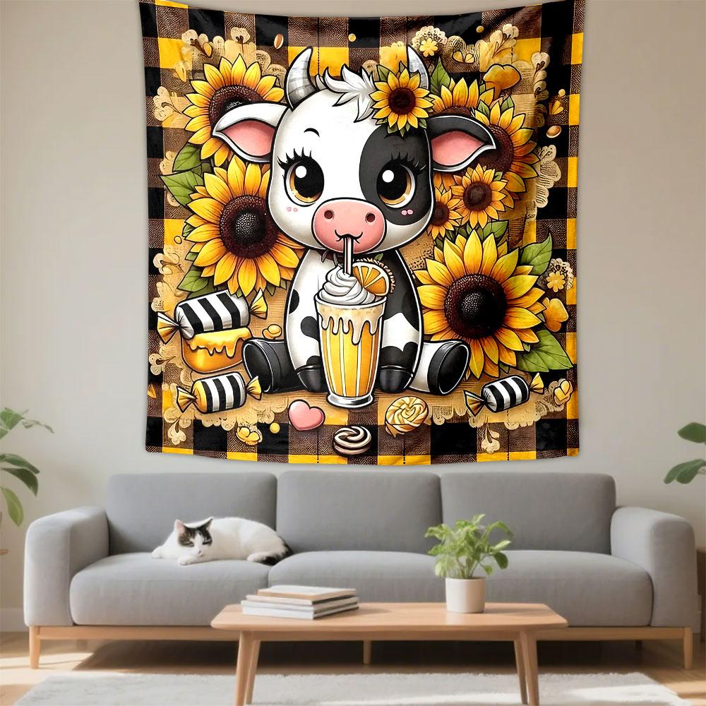 Cute Cow with Sunflowers and Milkshake Patterned Tapestry Decorative Wall Hanging, Home Bedroom Living Room Decor