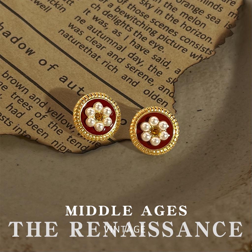 Vintage Burgundy Red Enamel Drop Earrings - Retro French Style Studs