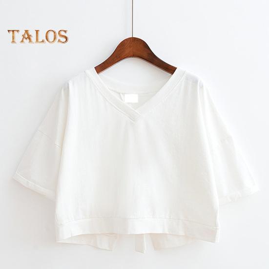 Летняя укороченная футболка с v-образным вырезом и коротким рукавом сзади, Полая футболка на шнуровке, однотонный пуловер свободного покроя, топы, уличная одежда