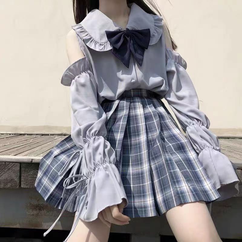 Japanese Collar Jk Uniform Lolita Inner Flared Sleeve Strapless Short Sleeve Shirt Women's Blouse Summer