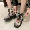 Празднуйте 2025 Новые Осенние Ботинки Граффити Женская Обувь С Принтом Мультяшные На Шнуровке Кожаные Ботильоны Панк Стиль На Толстом Каблуке Ботас