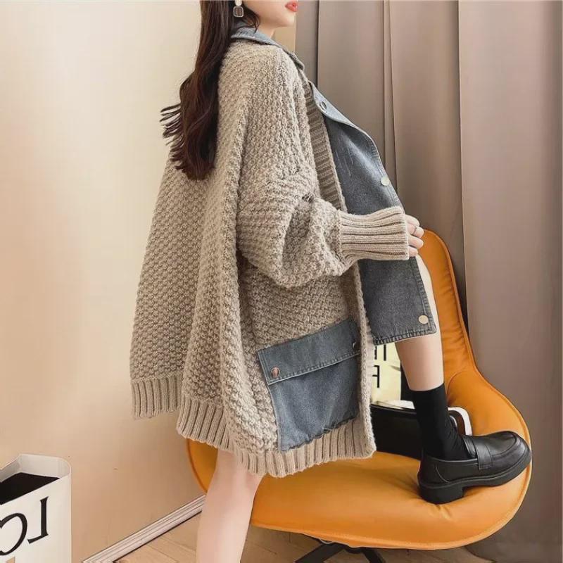 2024 Женская свободная джинсовая куртка-свитер из двух частей с имитацией вставки на осень/зиму