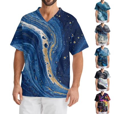 Мужская рабочая блузка с короткими рукавами и v-образным вырезом с принтом, топ с нагрудным карманом