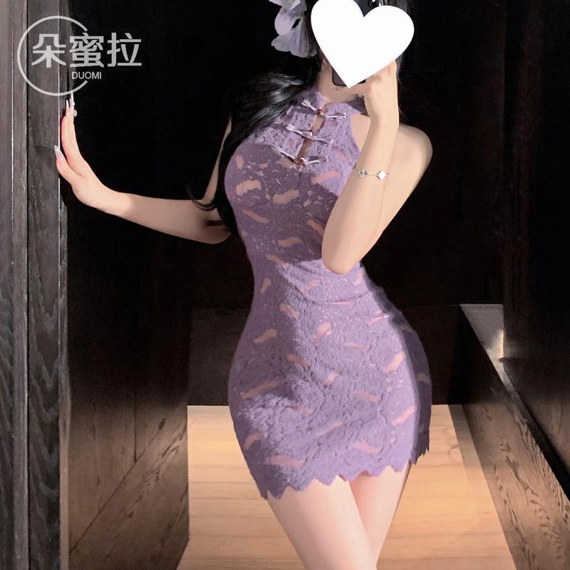 Sexy new Chinese style buckle lace stand-up collar cheongsam pure desire hot girl purple neck sex underwear women