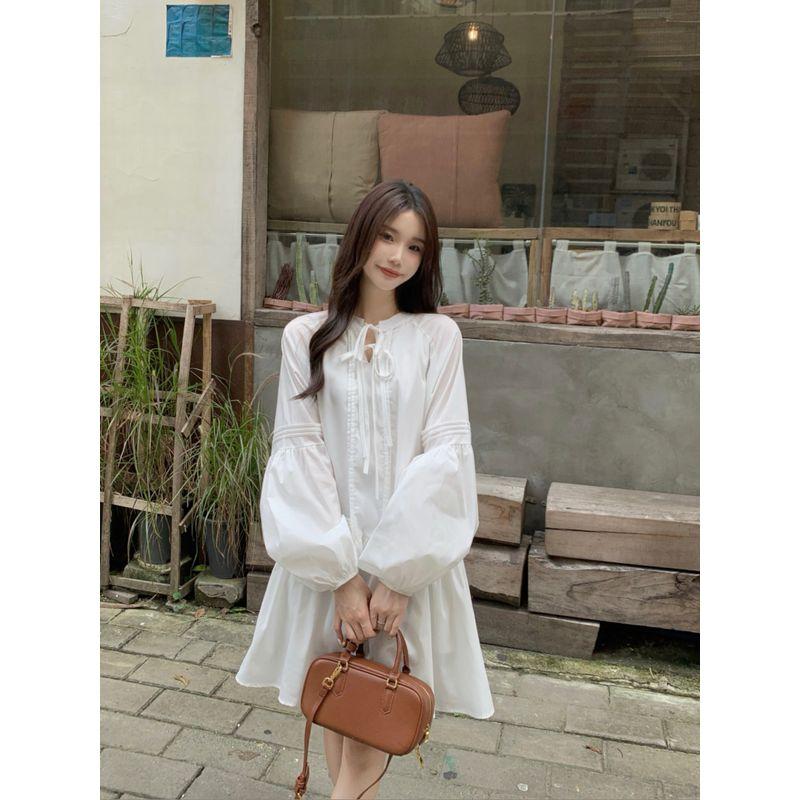Kumikumi Gentle White Lace-up Lantern Sleeve Dress Women Autumn Chic Youthful-Looking Loose Slim Looking Short Skirt
