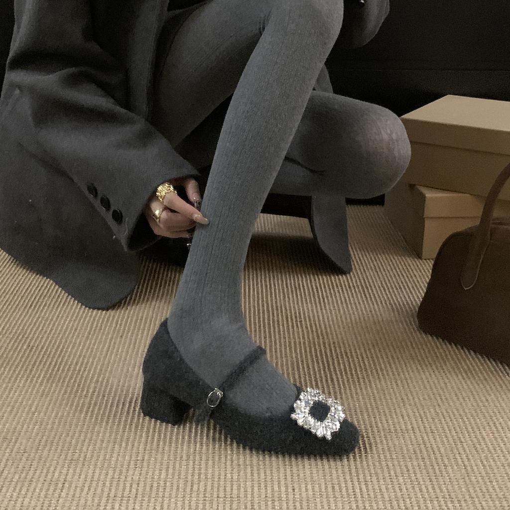 Толстый каблук с квадратной головкой, серые одинарные туфли со стразами, женские, новинка 2024 года, осенне-зимние туфли Mary Jane Mao