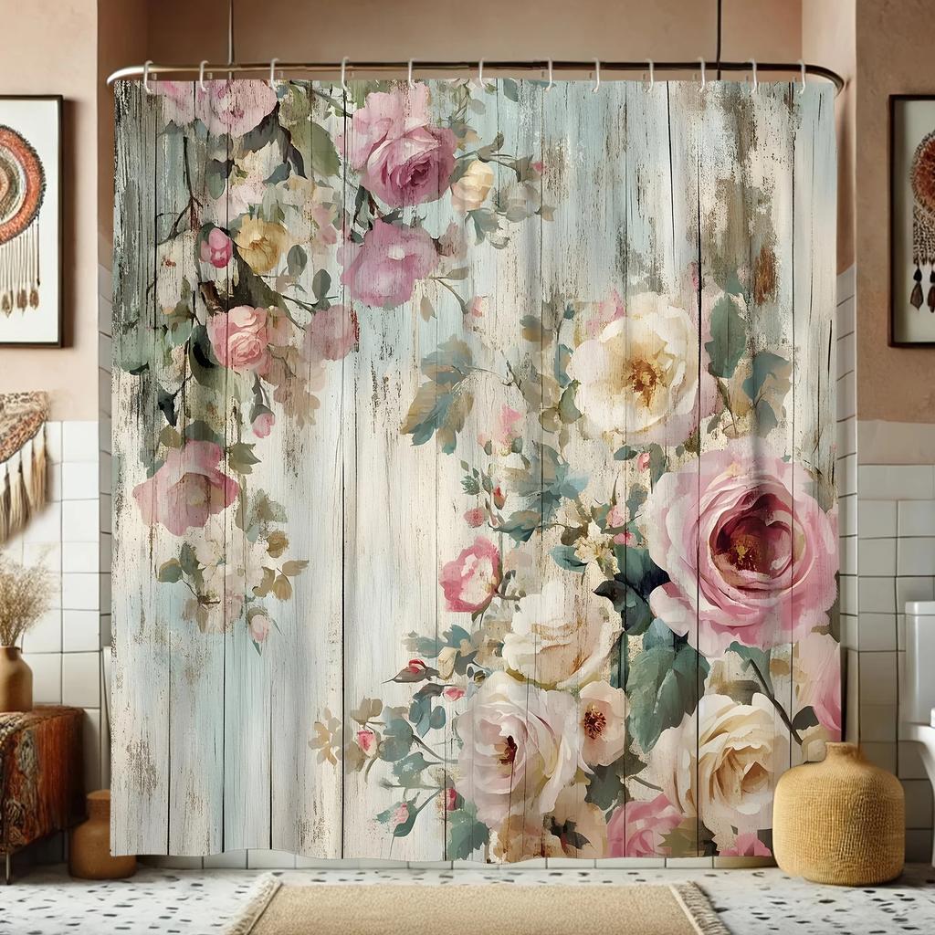 1 шт. Занавеска для душа - Винтажные розы на фоне рустикального дерева для очаровательной ванной комнаты, водонепроницаемая