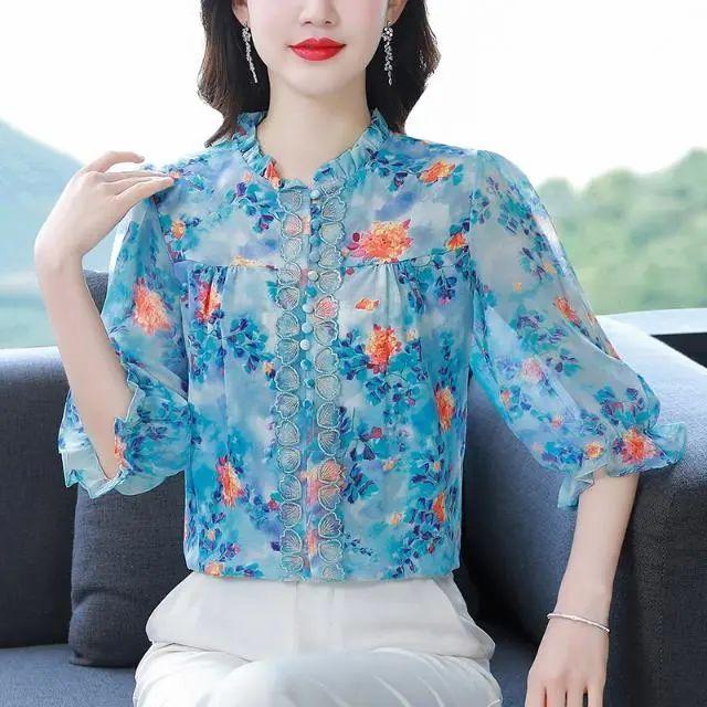 Новая летняя корейская тонкая рубашка с принтом для тяжелой промышленности, блузка с рукавами-фонариками, рубашка с половиной рукава для женских топов