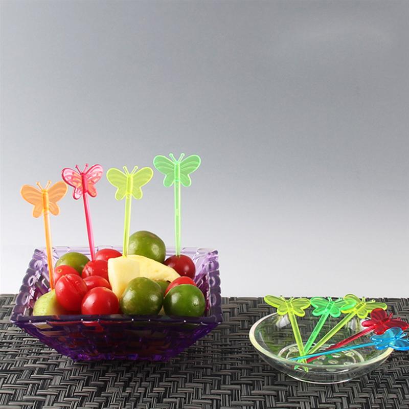 200pcs Disposable Cartoon Fruit Picks Butterfly Toothpicks Plastic Sandwich Appetizer Cocktail Sticks Cake Toppers Cupcake