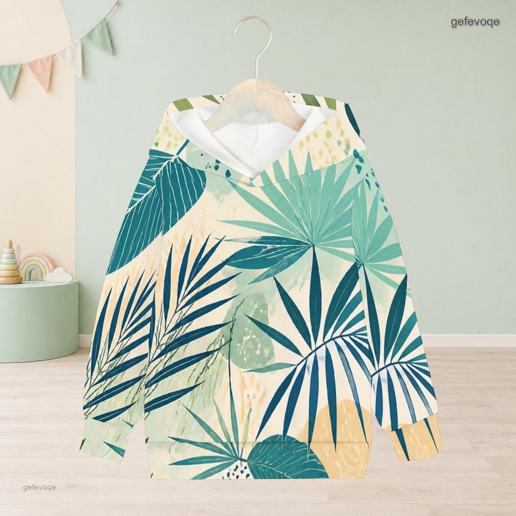 Girls Long Sleeve Hooded Sweatshirt Abstract Leaf Printed Green Casual Pullover