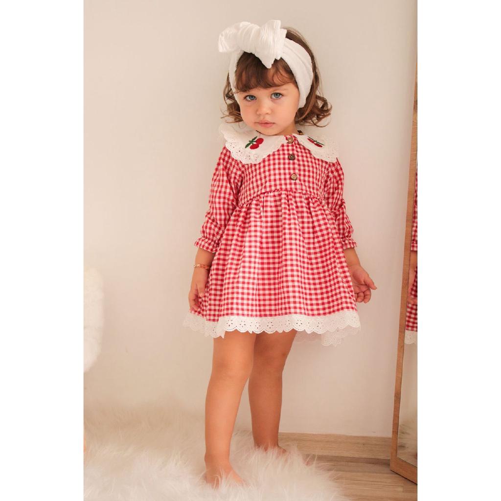 Baby Girl Red White Gingham Cherry Embroidered Ruffle Collar Dress
