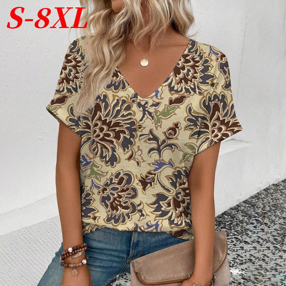 S-8XL Plus Size Women's T-Shirt Summer V-Neck T Shirt For Women Fashion Short Sleeve Tops Casual T-Shirt 3d Print Female Clothes
