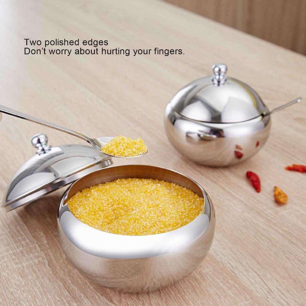 304 Stainless Steel Sugar Bowl with Lid and Spoon Spice Jar Storage Jar  Restaurant