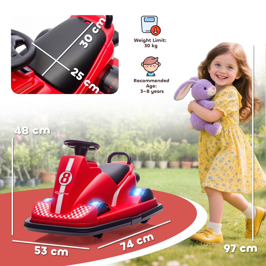 Kids Bumper Car 360 degrees  Rotation Spin Electric Walzer Car With LED Lights Music For Ages 3 8 Years Old Red