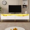 Modern TV cabinet 180 x 40 x 50 cm with LED lighting, white body, golden metal feet, glass front & storage space – stylish lowboard for living room