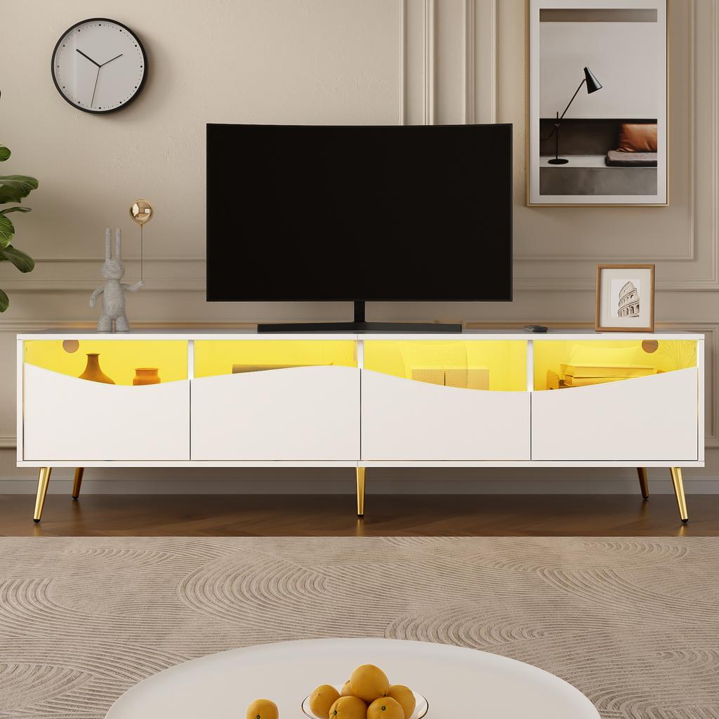 Modern TV cabinet 180 x 40 x 50 cm with LED lighting, white body, golden metal feet, glass front & storage space – stylish lowboard for living room