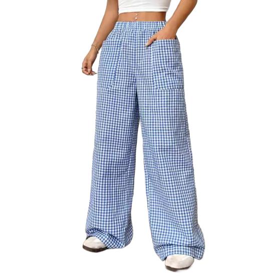Женские брюки с эластичной талией, средней посадкой, широкие длинные брюки с карманами, клетчатый принт, удобные повседневные брюки