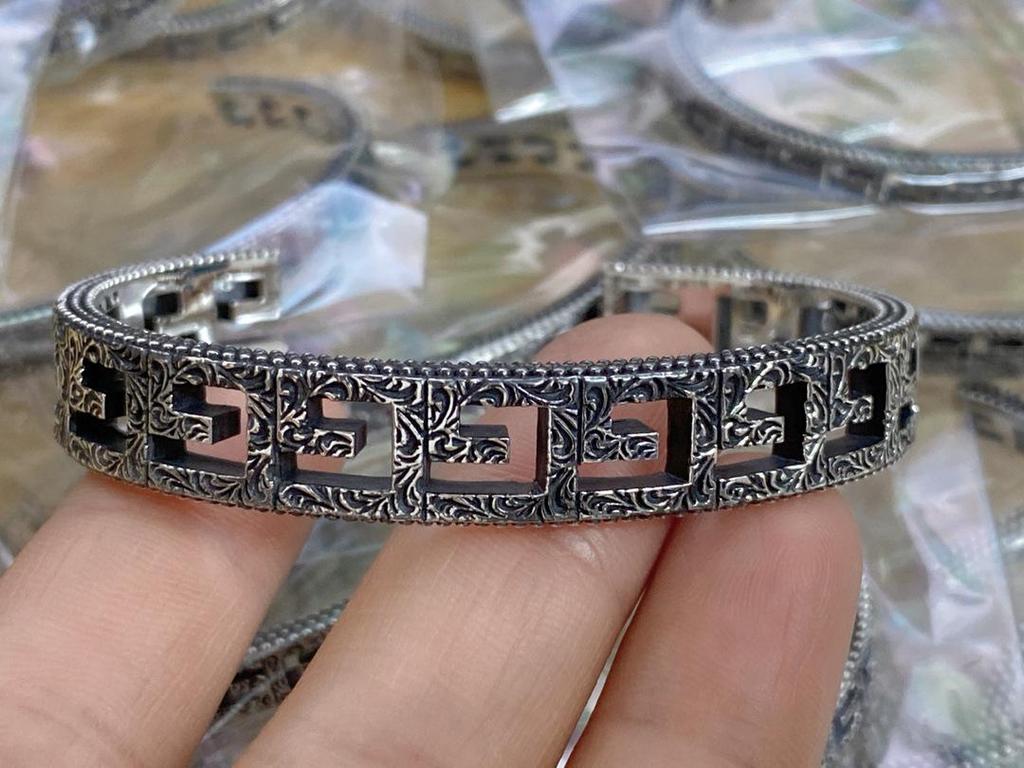 Sterling Silver S925 Carved Openwork "G" Letter Minimalist Unisex Wide Bracelet