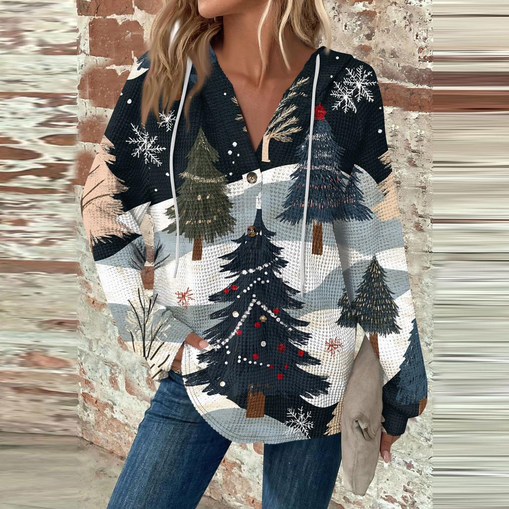 Женская мода с длинным рукавом, завязками на шнурке, капюшоном, пуговицами, V-образным вырезом, повседневная толстовка с капюшоном и рождественским принтом